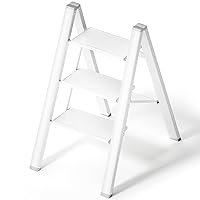 Step Ladder, Folding Step Stool W/Anti-Slip Pedal&Rubber Feet, Lightweight Safety Step Stools for Adults, Decorative 3 Step Ladder for Kitchen Library Closet, Aluminum Sturdy Ladders, Creamy White