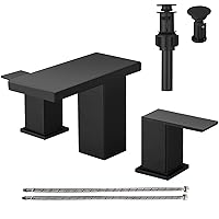 Hoimpro 8 Inch Widespread Waterfall Bathroom Sink Faucet, Two Handle Vanity Matte Black Bathroom Faucet with cUPC Supply Hose, 3 Holes Faucet with Pop Up Drain, Stainless Steel, Matte Black