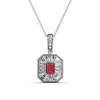 Emerald Cut Ruby Baguette & Natural Diamond 3/4 ctw Women Milgrain Halo Pendant Necklace. Included 16 Inches Chain 14K Gold