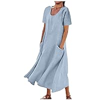 Women's Maxi Dress Solid Color Plus Size 2024 Fashion Loose Cotton Linen Long Dresses with Pockets