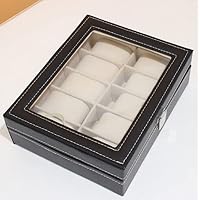 Watch Box Organizer（10 slot）Men Display Storage Case Metal Hinge Black PU Leather Glass Top Large Holder