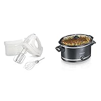 Hamilton Beach 6-Speed Electric Hand Mixer with Whisk & Slow Cooker with 3 Cooking Settings, Dishwasher-Safe Stoneware Crock & Glass, 8-Quart Built-In Lid Rest, Black