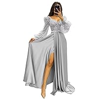 CWOAPO Long Sleeve Satin Ball Gown Beads Sequin Tulle Prom Dresses for Teens Corset Sweetheart Wedding Formal Slit Dress