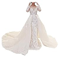 Women's Plus Size Illusion Bridal Ball Gowns Detachable Train Lace Mermaid Wedding Dresses for Bride Long Sleeve