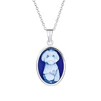 Customizable Personalize Vintage Antique Style BFF Best Friends Puppy Brown White Black Dog Kitty Cat Portrait Blue White Oval Cameo Pendant Necklace For Women Teen .925 Sterling Silver