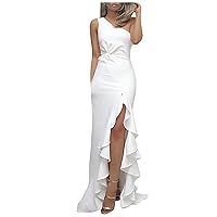 Womens Evening Dresses 2024 Trendy Ruffle Hem Long Prom Dress Sexy Sleeveless One Shoulder Bodycon Slit Formal Dress