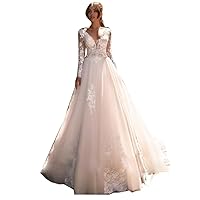 Ivory Flowers Lace V Neck Wedding Dresses with Long Sleeves Romantic Tulle Dress for Bride Plus Size