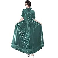Mens Sissy PVC Leather Dresses Women Short Puff Sleeve A-Line Long Dress Sexy Male Gay Wetlook Vestidos Exotic