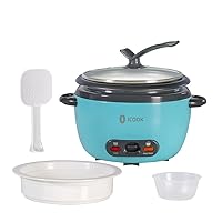 ICOOK Blue Rice Cooker 0.6L Grains,Oatmeal,Cereals Cooker,Rice Warmer Steamer,Small Mini Rice Cooker,Removable Nonstick Pot,Full View Glass Lid,Blue
