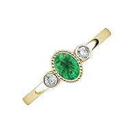 Oval Cut Emerald & Round Natural Diamond 3/4 ctw Bezel Set Women 3 Stone Engagement Ring 14K Gold