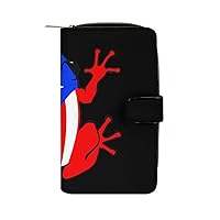Puerto Rico Flag Frog Funny RFID Blocking Wallet Slim Clutch Organizer Purse with Credit Card Slots for Men and Women