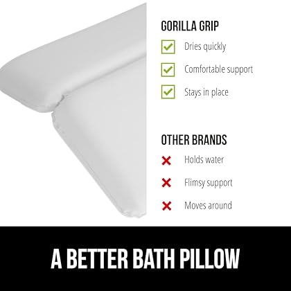 Gorilla Grip Bath Pillow for Tub, Comfortable Bathtub Pillows for Neck Head and Back Support, Strong Suction Waterproof Headrest, Cushion Rest for Curved or Straight Tubs, Spa Accessories, White