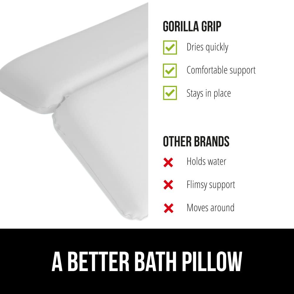 Gorilla Grip Bath Pillow for Tub, Comfortable Bathtub Pillows for Neck Head and Back Support, Strong Suction Waterproof Headrest, Cushion Rest for Curved or Straight Tubs, Spa Accessories, White