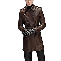 Fall Black Faux Leather Trench Coat Men's Long Sleeve Belted Double Breasted Brown Plus Size