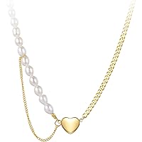 EF ENFASHION Heart Shaped Pearl Mill Chain Necklace, Stainless Steel Simple Couple Necklace Fashion Jewelry .