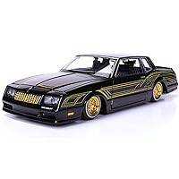 1986 Chevy Monte Carlo SS Lowrider Black Metallic with Gold Graphics and Wheels Lowriders Series 1/24 Diecast Model Car by Maisto 32542BK