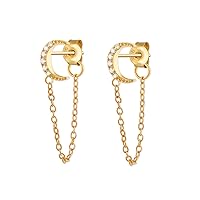 Solid 925 Sterling Silver Cute Moon Chain Dangle Earrings for Women Teen Girls Minimalist Chain Drop Earrings Studs Multi Piercing Earrings