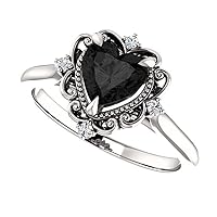 Filigree Vintage Heart Shape Black Diamond Engagement Ring, Victorian Halo 1 CT Heart Genuine Black Diamond Ring, Antique Black Onyx Ring, 14K Solid White Gold, Perfact for Gift