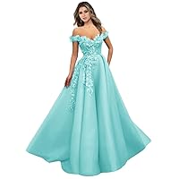 Off-The-Shoulder Prom Dress Mesh Tulle Sleeveless Long Applique Evening Gown 2023