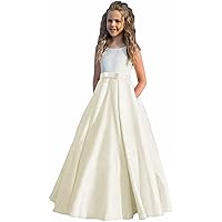 Girl's Satin Flower Girl Dress First Communion Dress Kids Wedding Ball Gowns Ivory