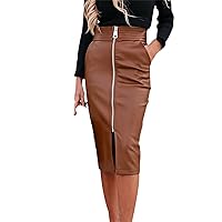 Elegant Faux Leather Women's Skirt Front Zipper Mid-Length Skirt Sexy High Waist Split PU Leather Skirt