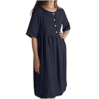 Short Sleeve Crewneck Cotton Linen Tshirt Dress for Women Summer Casual Button Down Shirt Dress Plus Size Midi Dress