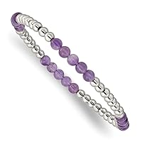 Chisel Stainless Steel Polished 4mm Purple Zebra Amethyst Beaded Stretch Bracelet Jewelry for Women