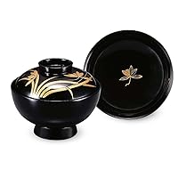 J-kitchens Luxury Wooden Soup Bowl, 4.2 Size, Suction Bowl, Black Lacquered, Western Orchid, Made in Japan