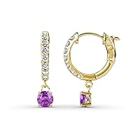 Round Amethyst and Diamond 5/8 ctw Women Dangle Huggie Hoop Earrings 14K Gold
