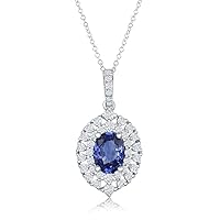 PVN Jewels Created Blue Sapphire & Cubic Zirconia Halo Pendant Necklace 925 Sterling Silver 14K White Gold Plated