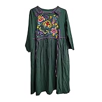 Cotton Linen Long Sleeve Floral Print Vintage Dresses for Women Spring Autumn Casual Loose Dress Femme