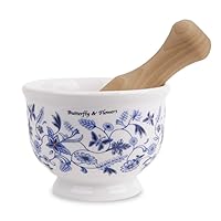Ceramic Mortar Butterfly & Flower Pattern Grinder and Pestle for Spices, Seasonings, Pastes, Pestos and Guacamole Korea (Blue)