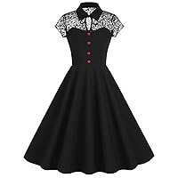 Women Keyhole Tie Neck Mesh Floral Embroidery Vintage Cocktail Swing Dress 50s Goth Flared A line Wedding Prom Dresses