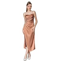 Dresses for Women Dress Women's Dress Crisscross Backless Split Thigh Ruched Cami Dress Dress (Color : Apricot, Size : X-Small)