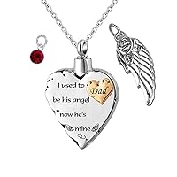 weikui Cremation Jewelry Charm Angel Wing Urn Necklace for Ashes I Used to be his Angle,Now He's Mine - Stainless Steel Heart Memorial Pendant and 12 PCS Birthstones