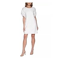 DKNY Womens White Zippered Tiered Lined Pouf Sleeve Round Neck Above The Knee Wear to Work Shift Dress 8