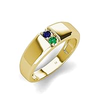 Round Blue Sapphire & Emerald 0.19 ctw High Polished 2 Stone Men Wedding Band 14K Gold