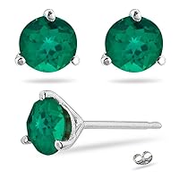May Birthstone - Lab Created Round Emerald Three Prong Stud Earrings in 14K White Gold Availabe in 3mm - 8mm