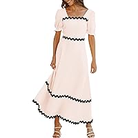Women's Solid Color Square Neck Short Puff Sleeve Dress Casual Tie Back Smocked A Line Flowy Bubble Dresses, S-2XL