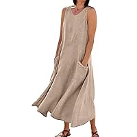 Women's Cotton Dresses 2024 Fashion Casual Solid Colour Sleeveless V-Neck Linen Pocket Dress Party, S-5XL