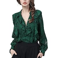 Pearls Beaded Lace Tops Women Spring Summer Long Sleeve Outwear Hollow Out Blouses Ruffles V-Neck Shirt