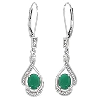 14K White Gold Diamond Natural Cabochon Emerald Leverback Earrings Oval 7x5mm, 1 7/16 inch long