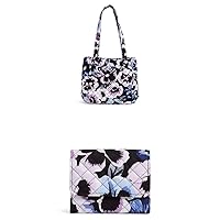 Vera Bradley Women's Cotton Multi-compartment Shoulder Satchel Purse Handbag, Plum Pansies - Recycled Cotton, One Size US withRecycled Cotton Riley Compact Wallet with RFID Protection, Plum Pansies