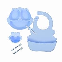 Silicone Feeding Set, Baby Weaning Supplies, Divided Suction Plates Bowls Bib Spoons Fork Bpa Free, Waterproof And Spill Resistant Tableware, Easy To Clean, Microwave Freezer Safe (Baby Blue)