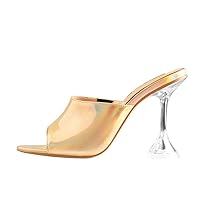 Yolkomo Holographic Slip On Sides for Women Square Open Toe Sexy Sandals Clear Strange Heeled Mules Cool Winter Wide Feet Gold Size 13