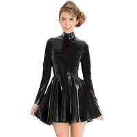 PVC High Neck Long Sleeve Zip Mini Dress Lady Bodycon Skater Dress