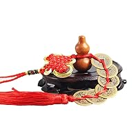 Taoist Supplies Amulet Exorcism Bringing Good Luck Mascot Decoration Pendant 黄铜五帝钱 六帝钱 中国结桃木葫芦 红绳黄绳挂件挂饰 （1Pcs 黄色葫芦六帝钱