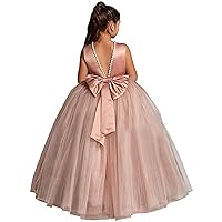 Flower Girls Dresses for Wedding Satin Tulle Pageant Princess Prom Ball Gowns with Pearls and Bow-Knot