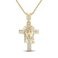 The Diamond Deal 10kt Yellow Gold Mens Round Diamond Jesus Face Cross Charm Pendant 1-1/4 Cttw