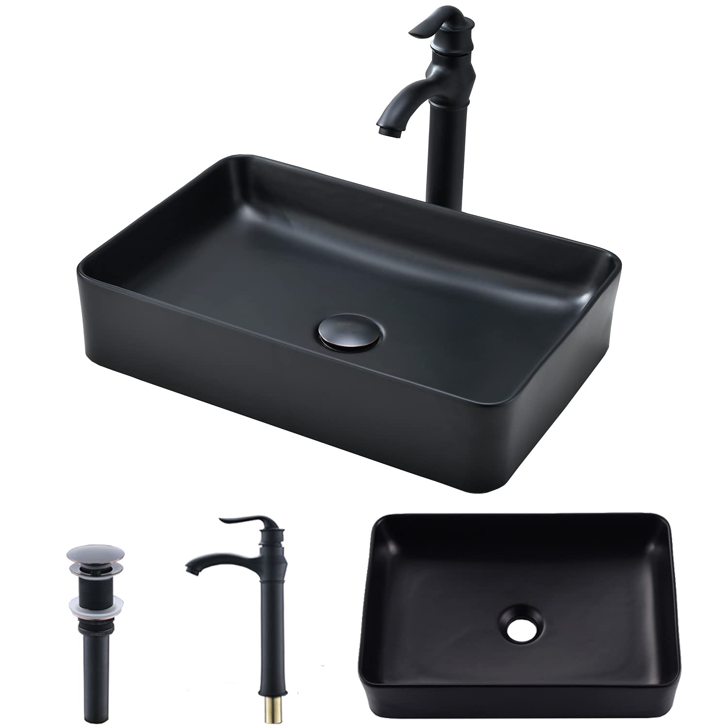 black Bathroom Vessel Sink and Faucet Combo -VOKIM 20"x14" Modern Rectangle Above Counter black Porcelain Ceramic Vessel Vanity Sink Art Ba...